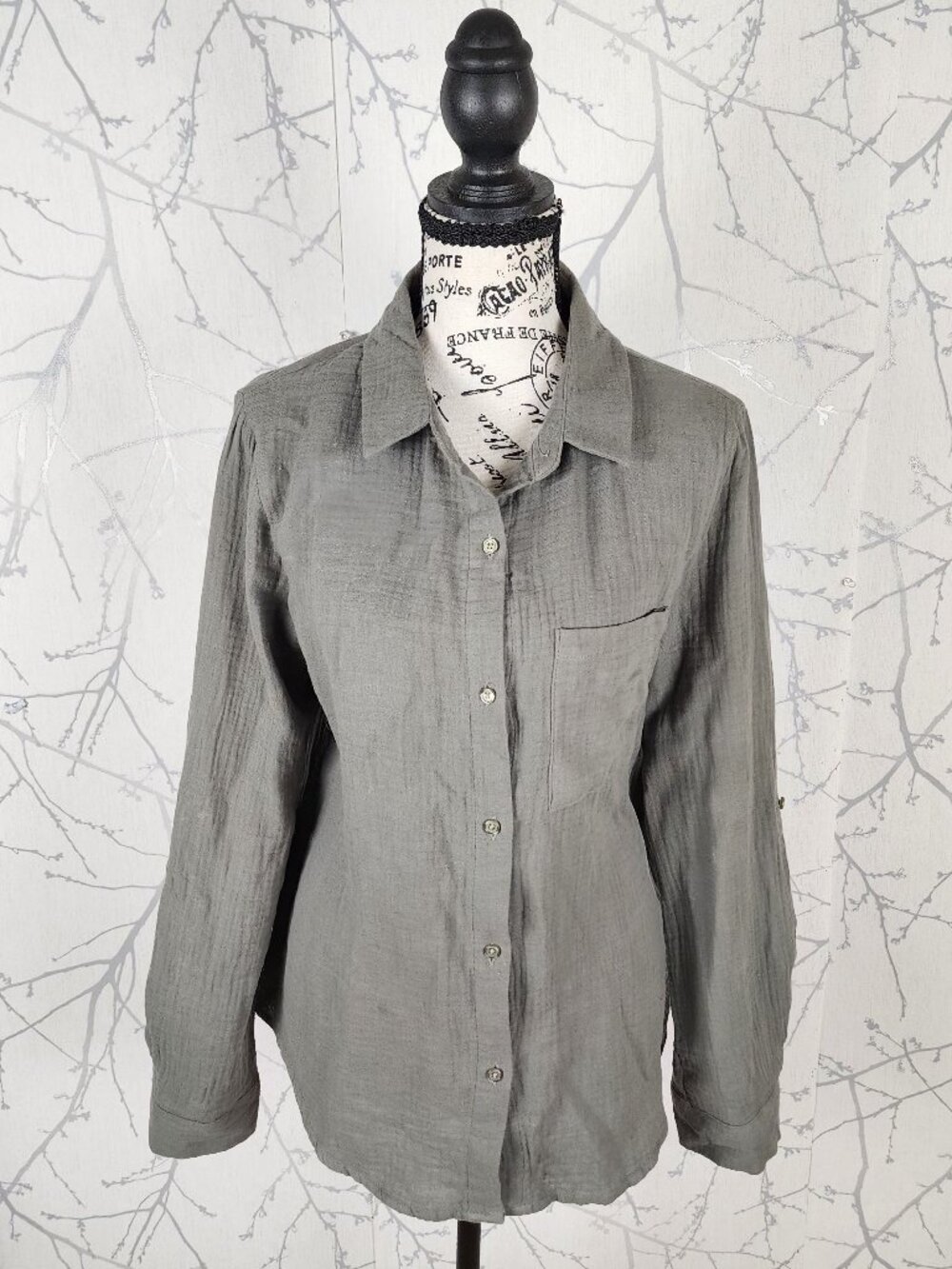 Eclipse Greenish Gray Cotton Gauze Button Front Shirt